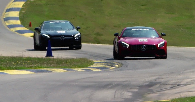 Two Mercedes-AMG vehicles racing around “ess” curves